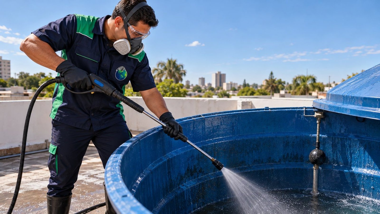 Técnico lavando o interior de uma caixa d’água com jato de alta pressão