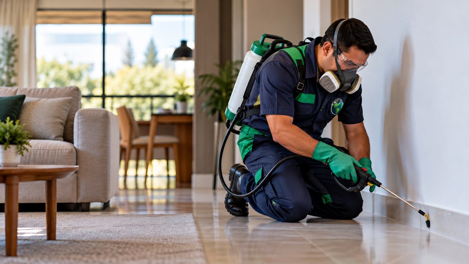 Técnico com equipamento de proteção aplicando produto em um ambiente interno