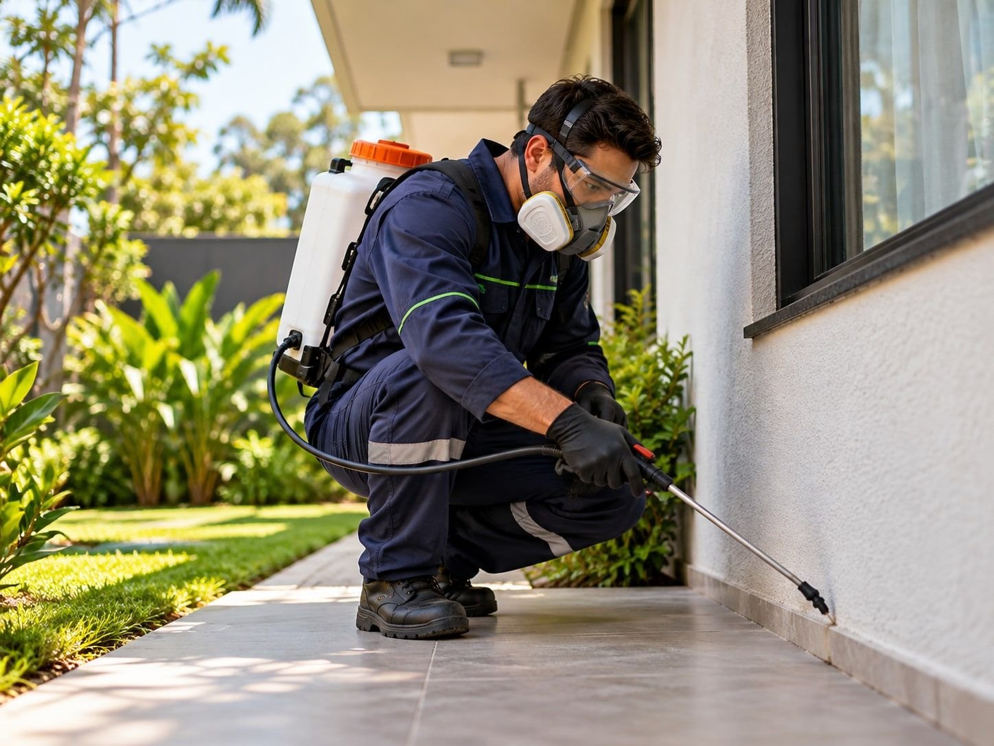 Técnico aplicando produto na base da parede externa de uma casa