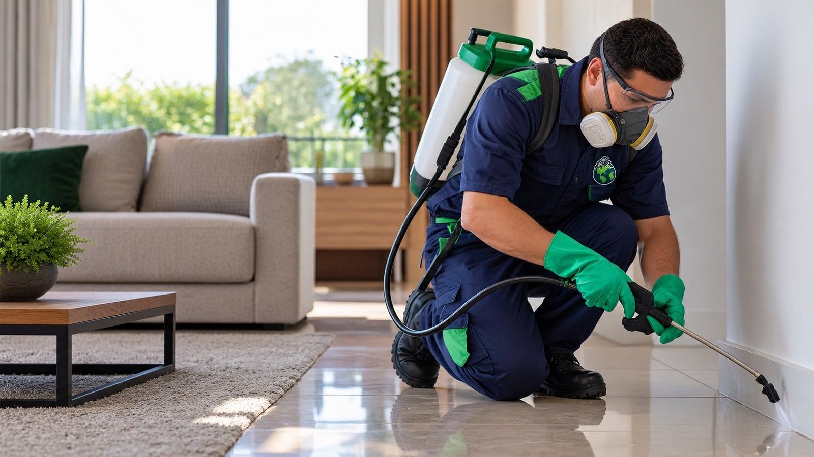 Técnico de dedetização ajoelhado, aplicando produto no rodapé com pulverizador