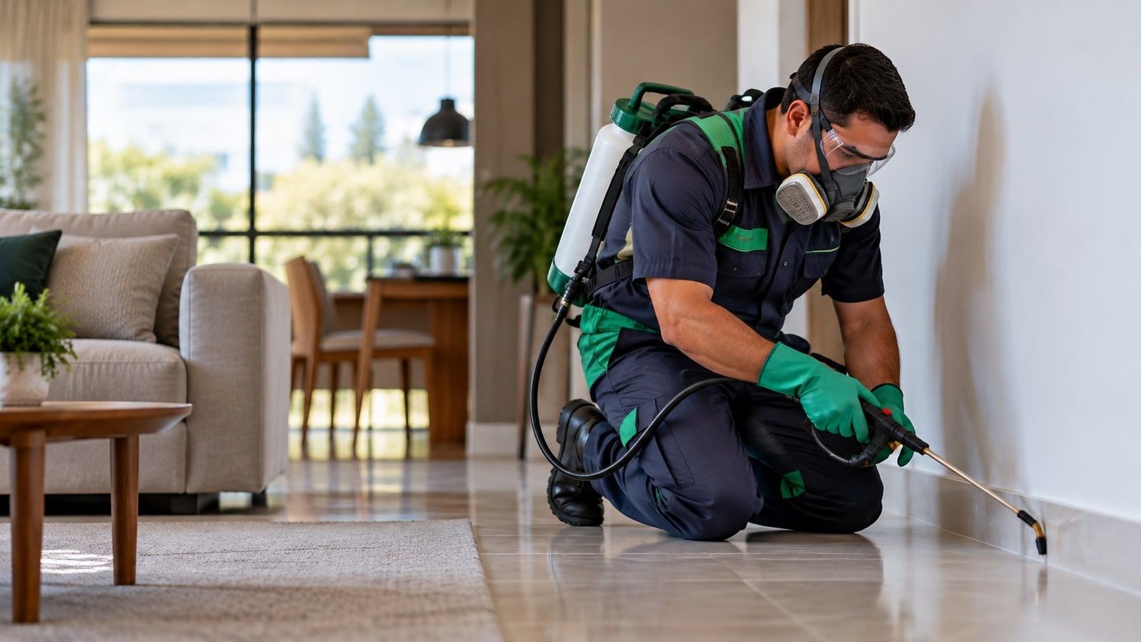 Técnico com máscara e luvas aplicando produto junto à parede de uma sala