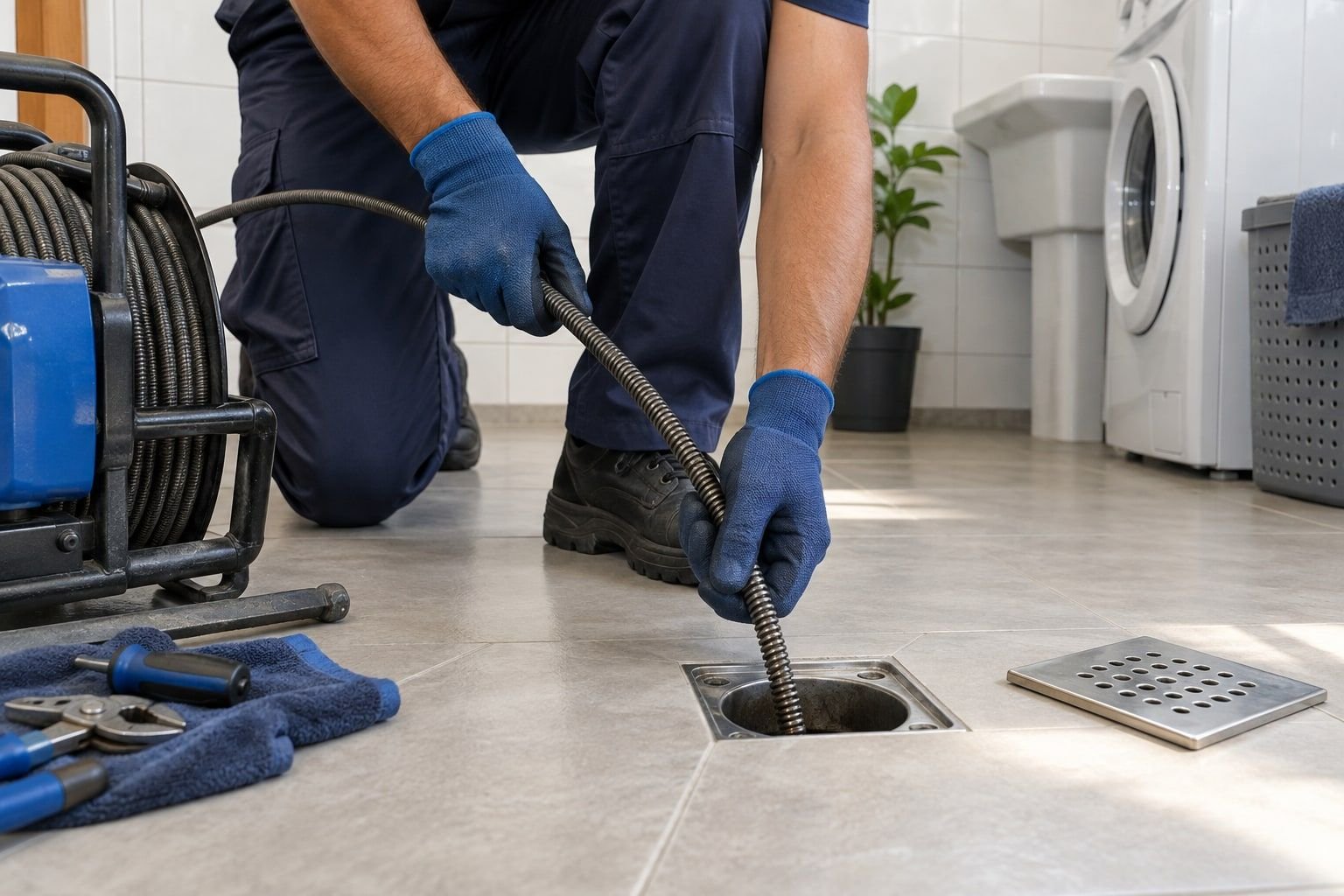 Técnico desentupindo um ralo com máquina de cabo flexível