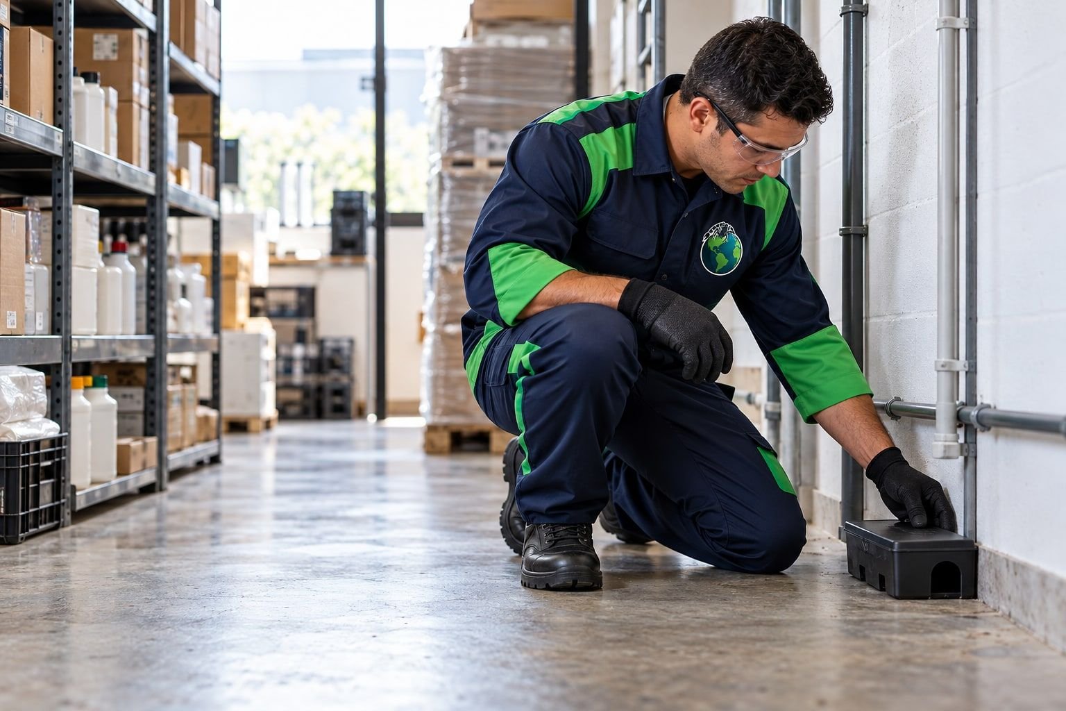 Técnico posicionando um porta-iscas junto à parede de um depósito