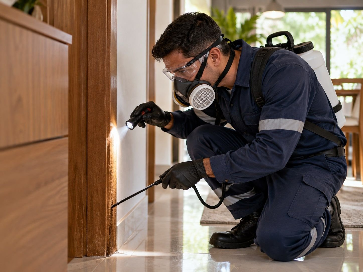 Técnico com máscara vistoriando o rodapé e o batente de uma porta com lanterna